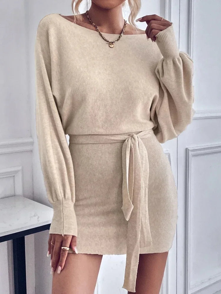 Elegant Long Sleeve Bodycon Dress Women 2024 Boat Neck Batwing Sleeve Belted Dress Sweater Wool Woman Winter Commute Mini Dress