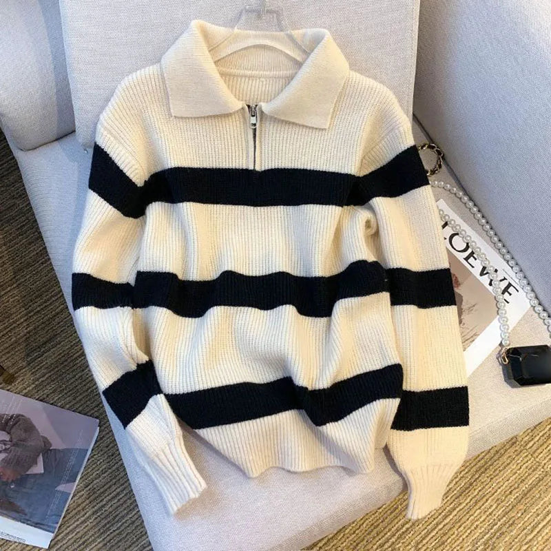 Lucyever Women's Turndown Collar Striped Sweater Vintage Loose Long Sleeve Knitwear Female Autumn Winter Warm Knitted Jumper Top