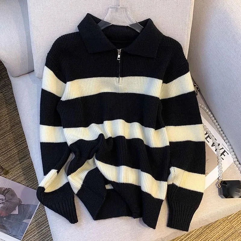 Lucyever Women's Turndown Collar Striped Sweater Vintage Loose Long Sleeve Knitwear Female Autumn Winter Warm Knitted Jumper Top