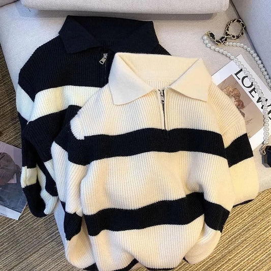 Lucyever Women's Turndown Collar Striped Sweater Vintage Loose Long Sleeve Knitwear Female Autumn Winter Warm Knitted Jumper Top